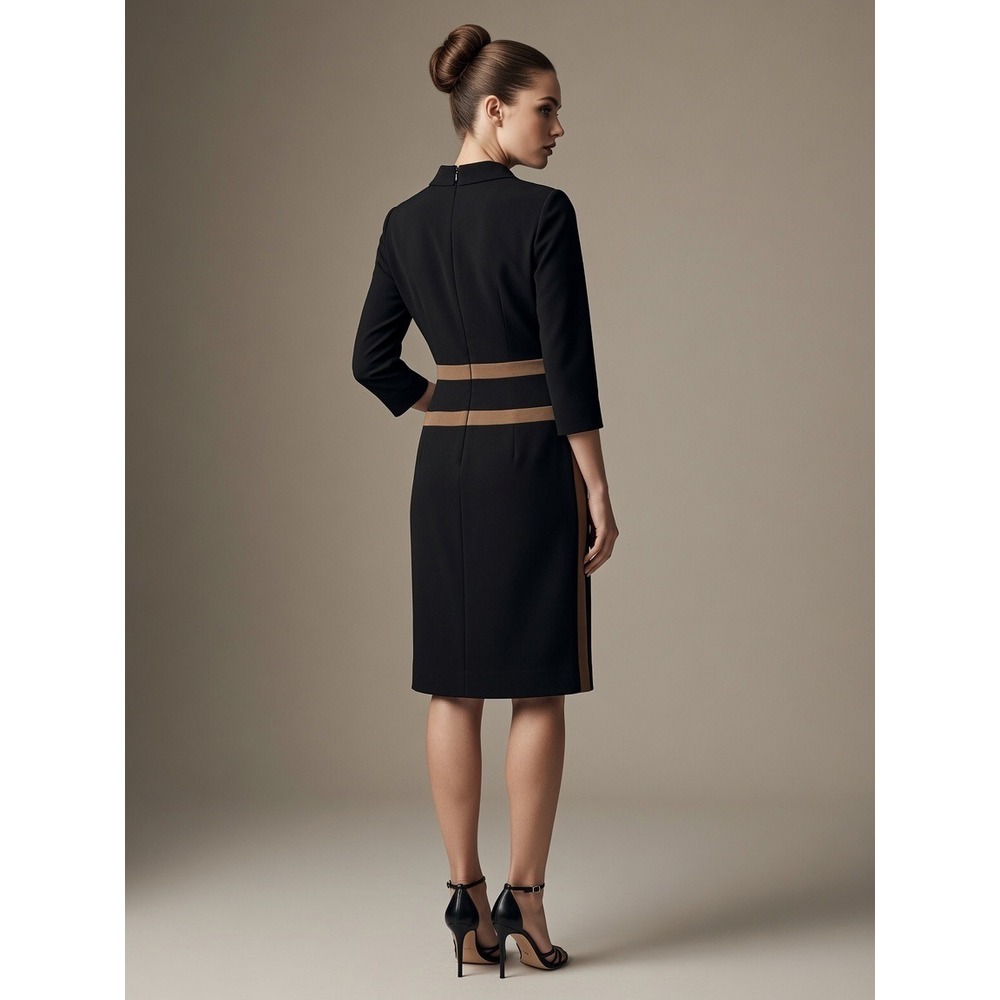 Per Se Black Tan Colorblock Sheath Dress Career Office Stretch Size 8 Midi - Picture 2 of 5